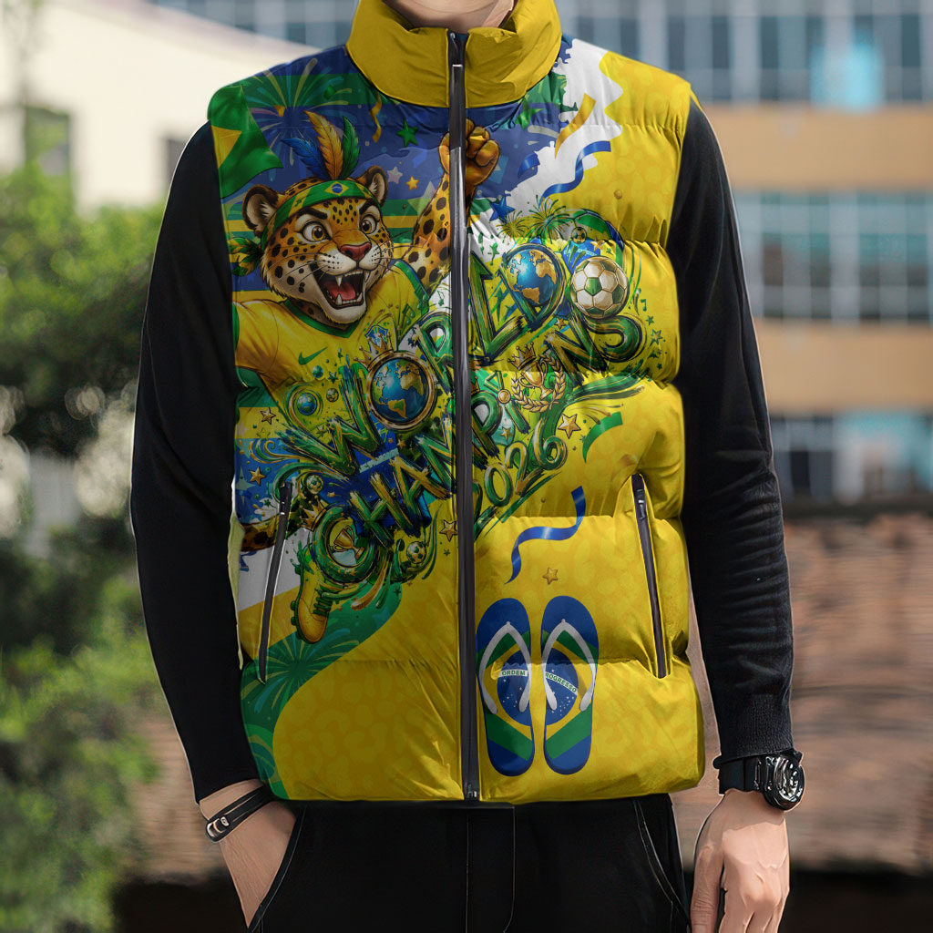 Brazil Football World Champions 2026 Sleeveless Puffer Jacket Brasil Futebol - Jaguar Mascot - Vibrant Carnival Style