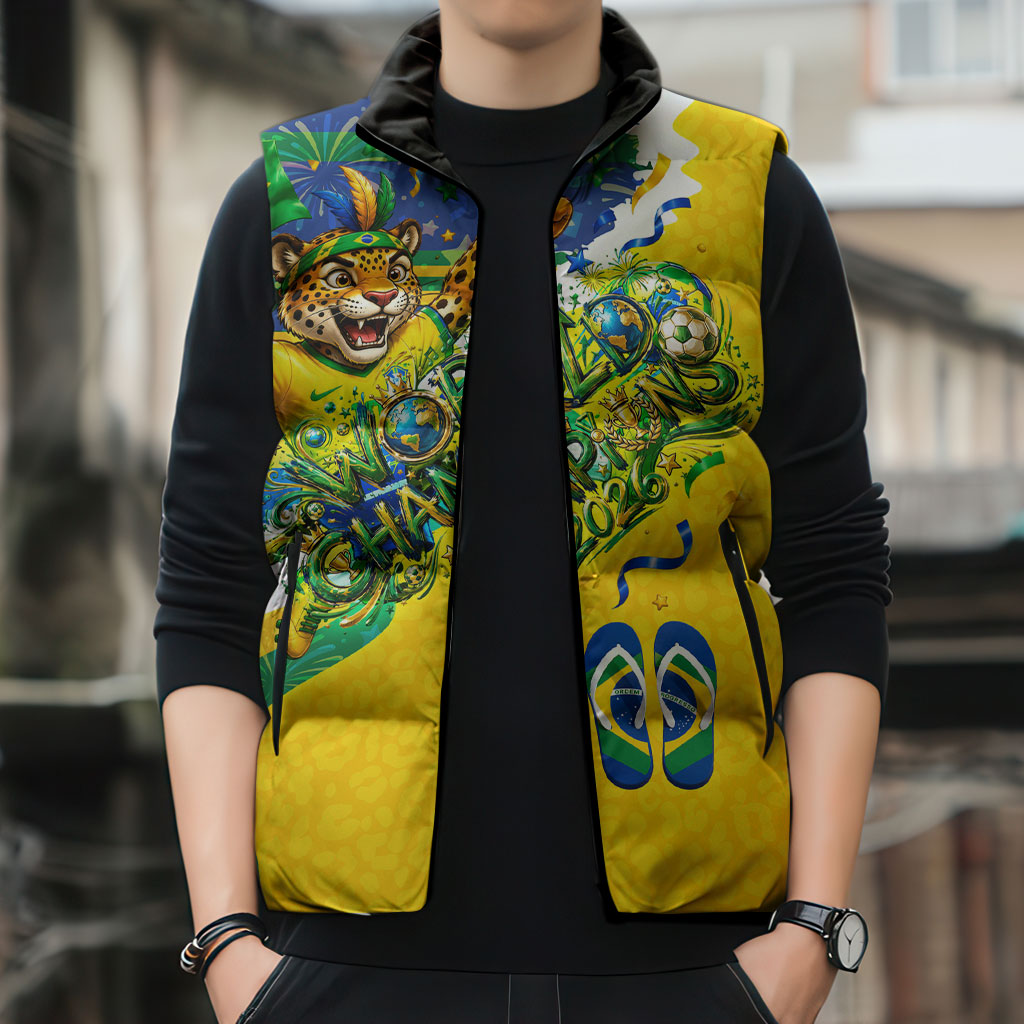 Brazil Football World Champions 2026 Sleeveless Puffer Jacket Brasil Futebol - Jaguar Mascot - Vibrant Carnival Style