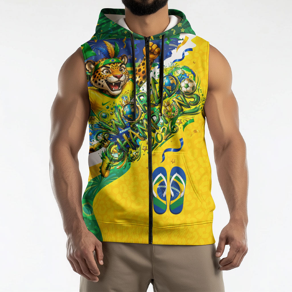 Brazil Football World Champions 2026 Sleeveless Zip Hoodie Brasil Futebol - Jaguar Mascot - Vibrant Carnival Style