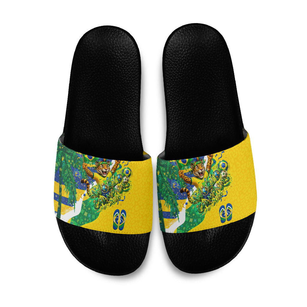 Brazil Football World Champions 2026 Slide Sandals Brasil Futebol - Jaguar Mascot - Vibrant Carnival Style