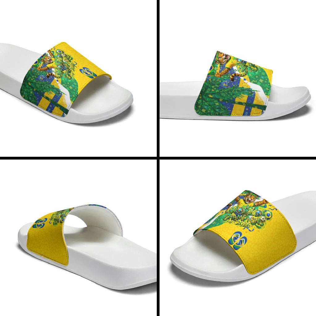 Brazil Football World Champions 2026 Slide Sandals Brasil Futebol - Jaguar Mascot - Vibrant Carnival Style