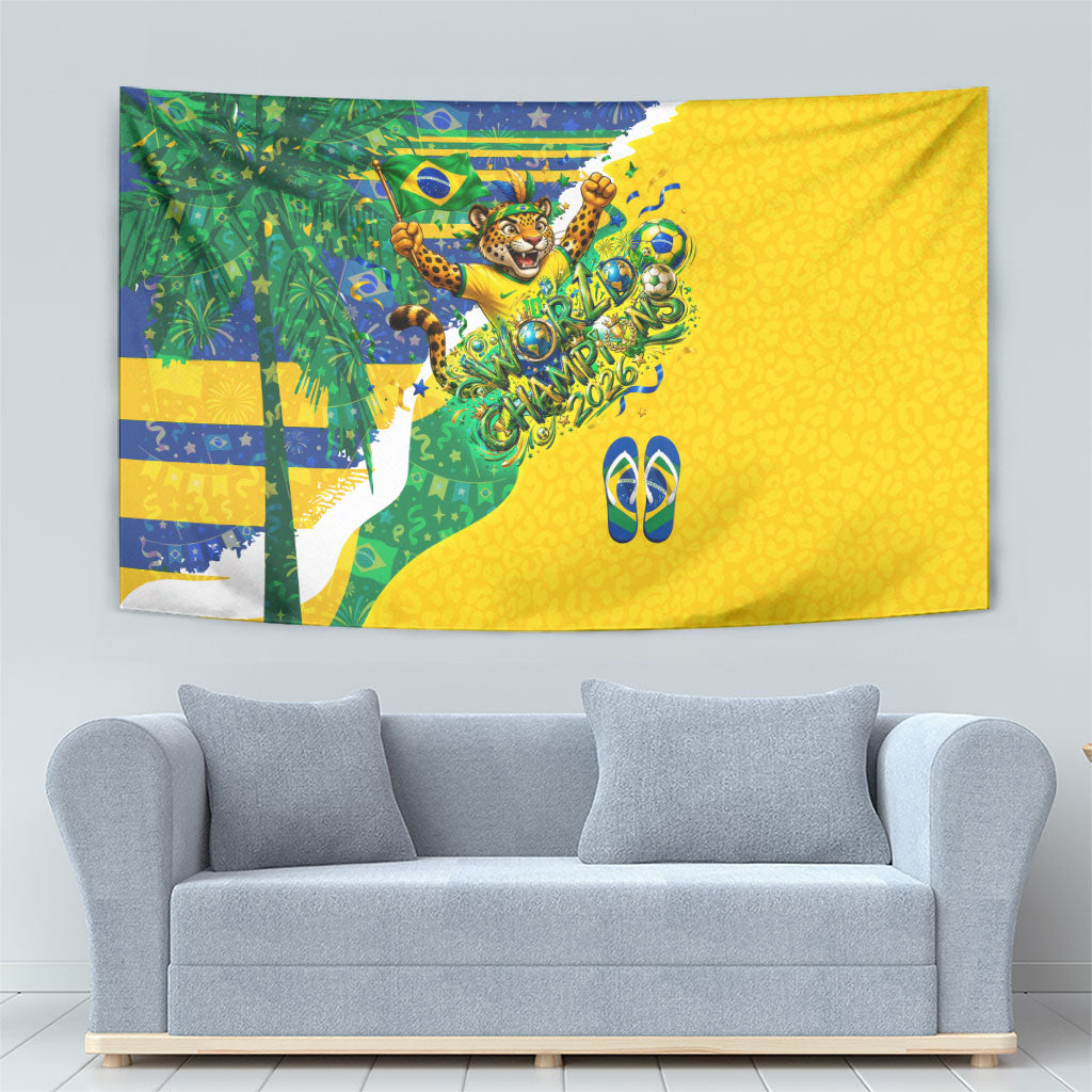 Brazil Football World Champions 2026 Tapestry Brasil Futebol - Jaguar Mascot - Vibrant Carnival Style