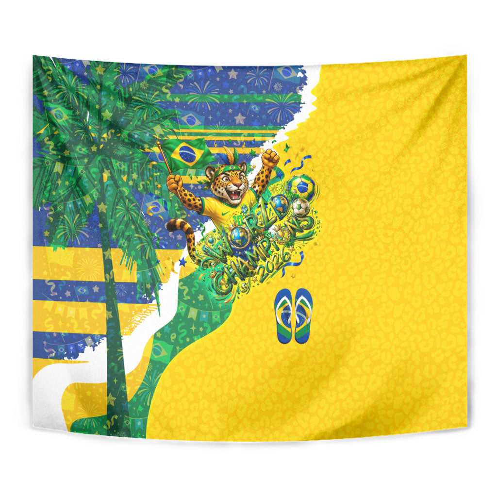 Brazil Football World Champions 2026 Tapestry Brasil Futebol - Jaguar Mascot - Vibrant Carnival Style