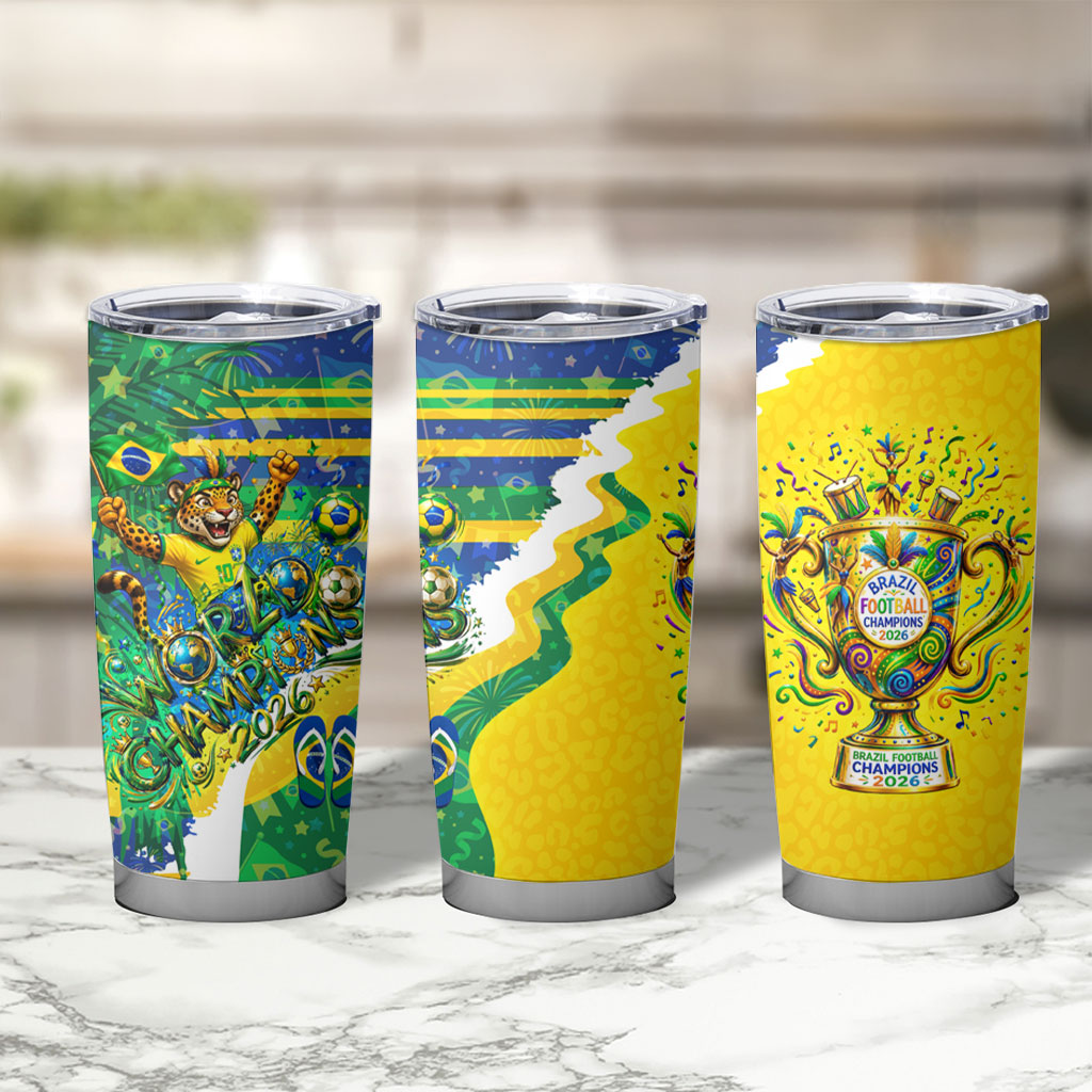 Brazil Football World Champions 2026 Tumbler Cup Brasil Futebol - Jaguar Mascot - Vibrant Carnival Style
