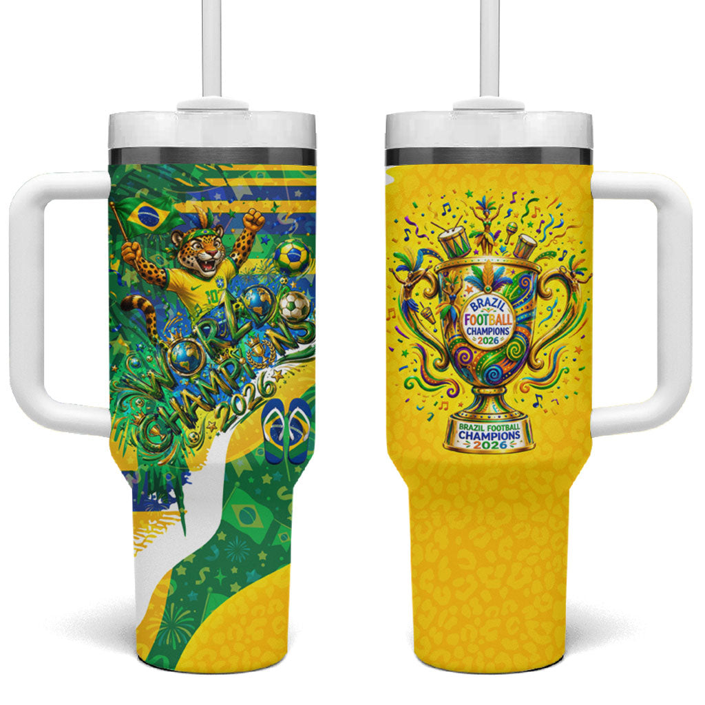 Brazil Football World Champions 2026 Tumbler With Handle Brasil Futebol - Jaguar Mascot - Vibrant Carnival Style