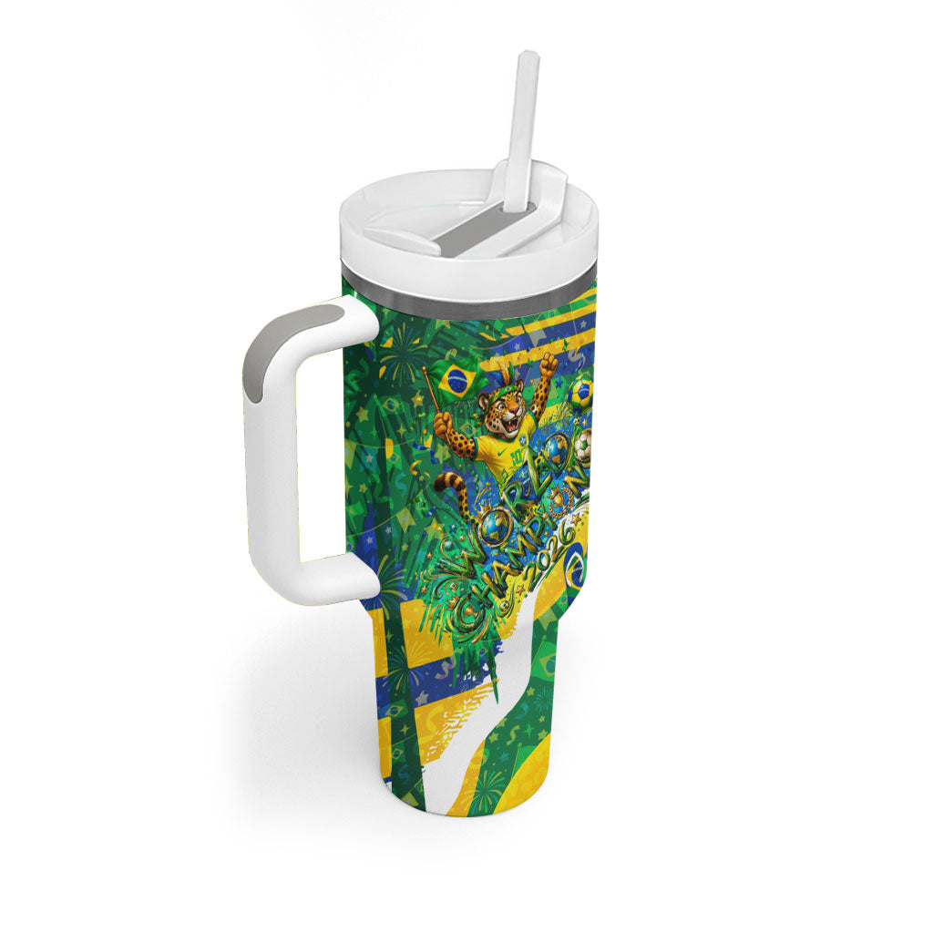 Brazil Football World Champions 2026 Tumbler With Handle Brasil Futebol - Jaguar Mascot - Vibrant Carnival Style