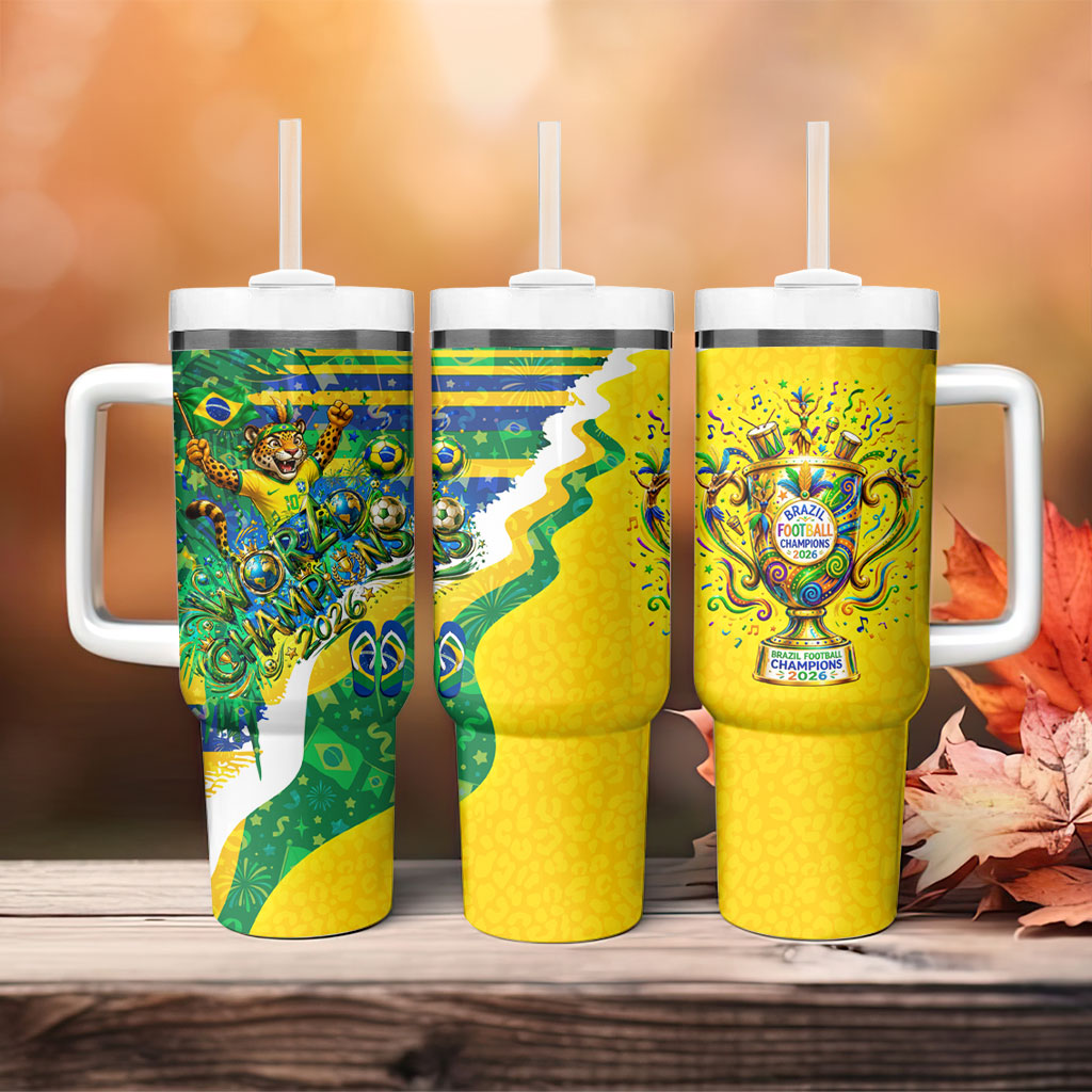 Brazil Football World Champions 2026 Tumbler With Handle Brasil Futebol - Jaguar Mascot - Vibrant Carnival Style