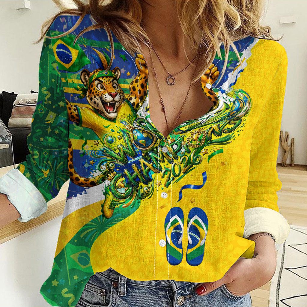 Brazil Football World Champions 2026 Women Casual Shirt Brasil Futebol - Jaguar Mascot - Vibrant Carnival Style