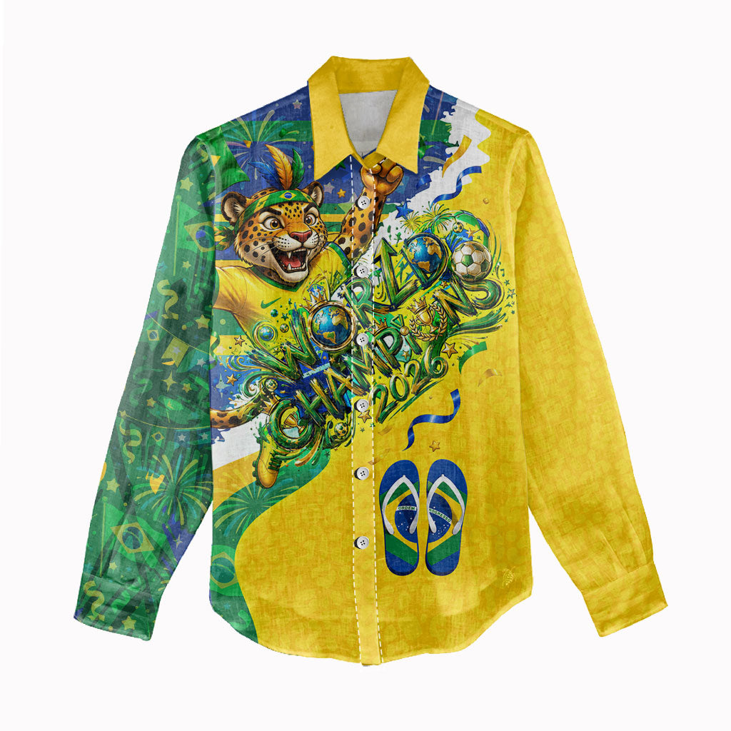 Brazil Football World Champions 2026 Women Casual Shirt Brasil Futebol - Jaguar Mascot - Vibrant Carnival Style