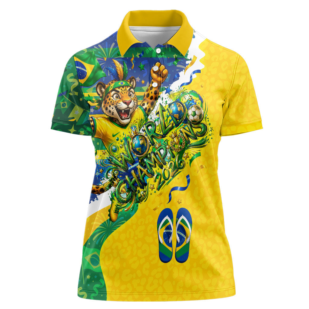 Brazil Football World Champions 2026 Women Polo Shirt Brasil Futebol - Jaguar Mascot - Vibrant Carnival Style