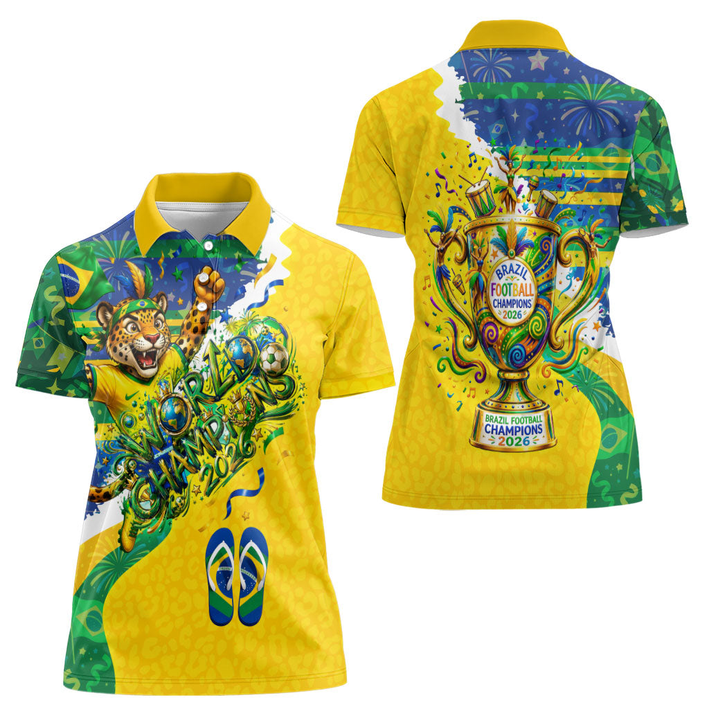 Brazil Football World Champions 2026 Women Polo Shirt Brasil Futebol - Jaguar Mascot - Vibrant Carnival Style