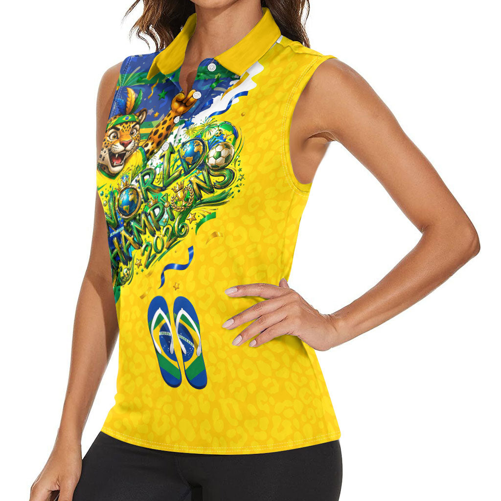 Brazil Football World Champions 2026 Women Sleeveless Polo Shirt Brasil Futebol - Jaguar Mascot - Vibrant Carnival Style