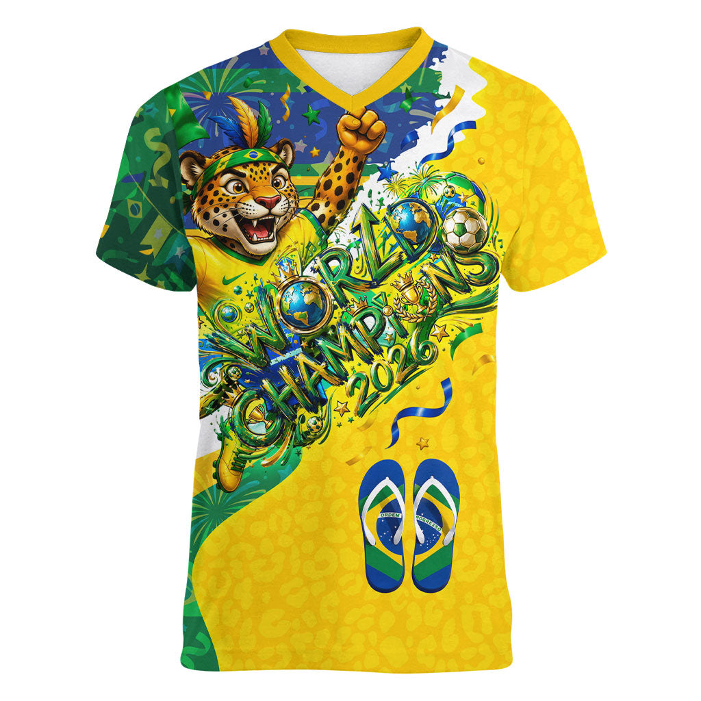 Brazil Football World Champions 2026 Women V-Neck T-Shirt Brasil Futebol - Jaguar Mascot - Vibrant Carnival Style