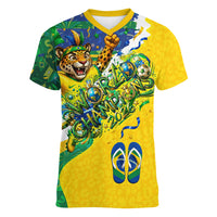 Brazil Football World Champions 2026 Women V-Neck T-Shirt Brasil Futebol - Jaguar Mascot - Vibrant Carnival Style