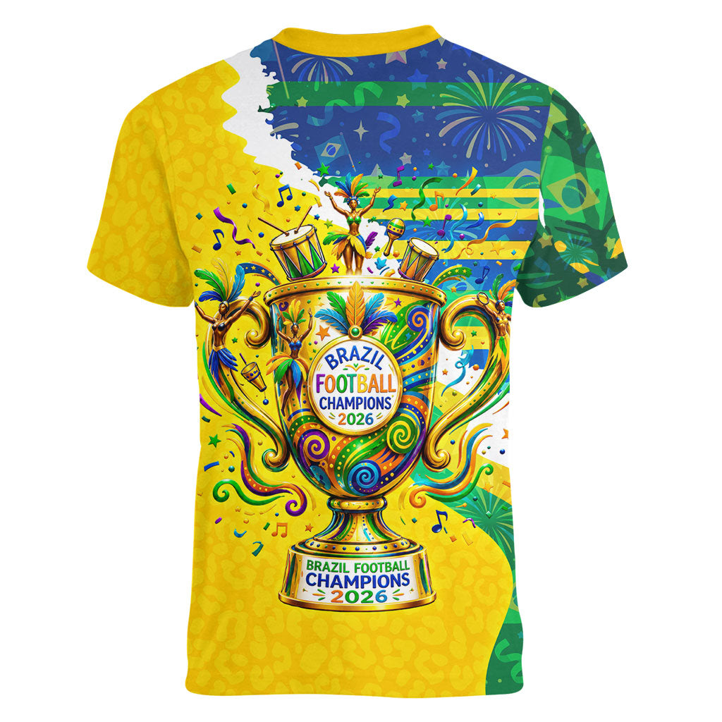 Brazil Football World Champions 2026 Women V-Neck T-Shirt Brasil Futebol - Jaguar Mascot - Vibrant Carnival Style