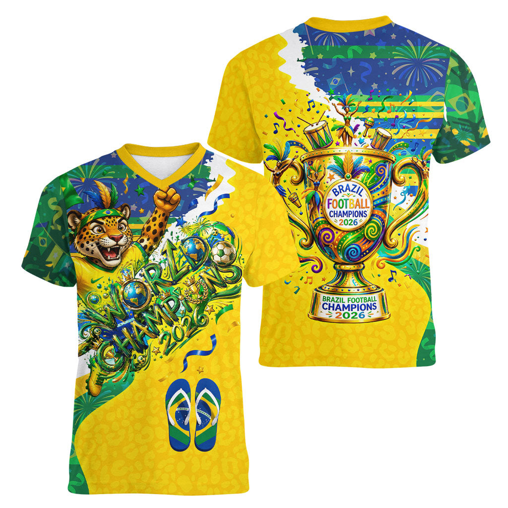 Brazil Football World Champions 2026 Women V-Neck T-Shirt Brasil Futebol - Jaguar Mascot - Vibrant Carnival Style
