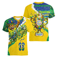 Brazil Football World Champions 2026 Women V-Neck T-Shirt Brasil Futebol - Jaguar Mascot - Vibrant Carnival Style