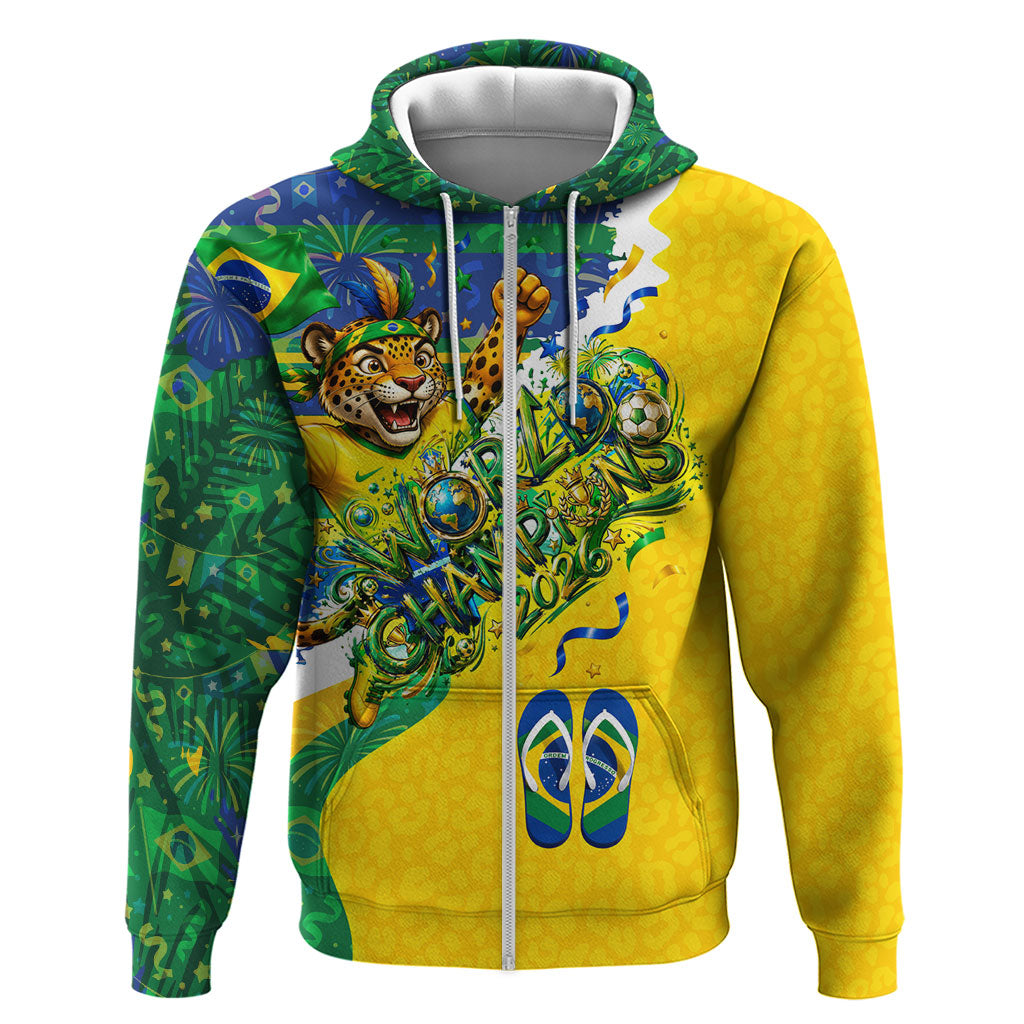 Brazil Football World Champions 2026 Zip Hoodie Brasil Futebol - Jaguar Mascot - Vibrant Carnival Style