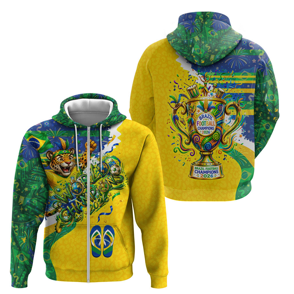 Brazil Football World Champions 2026 Zip Hoodie Brasil Futebol - Jaguar Mascot - Vibrant Carnival Style