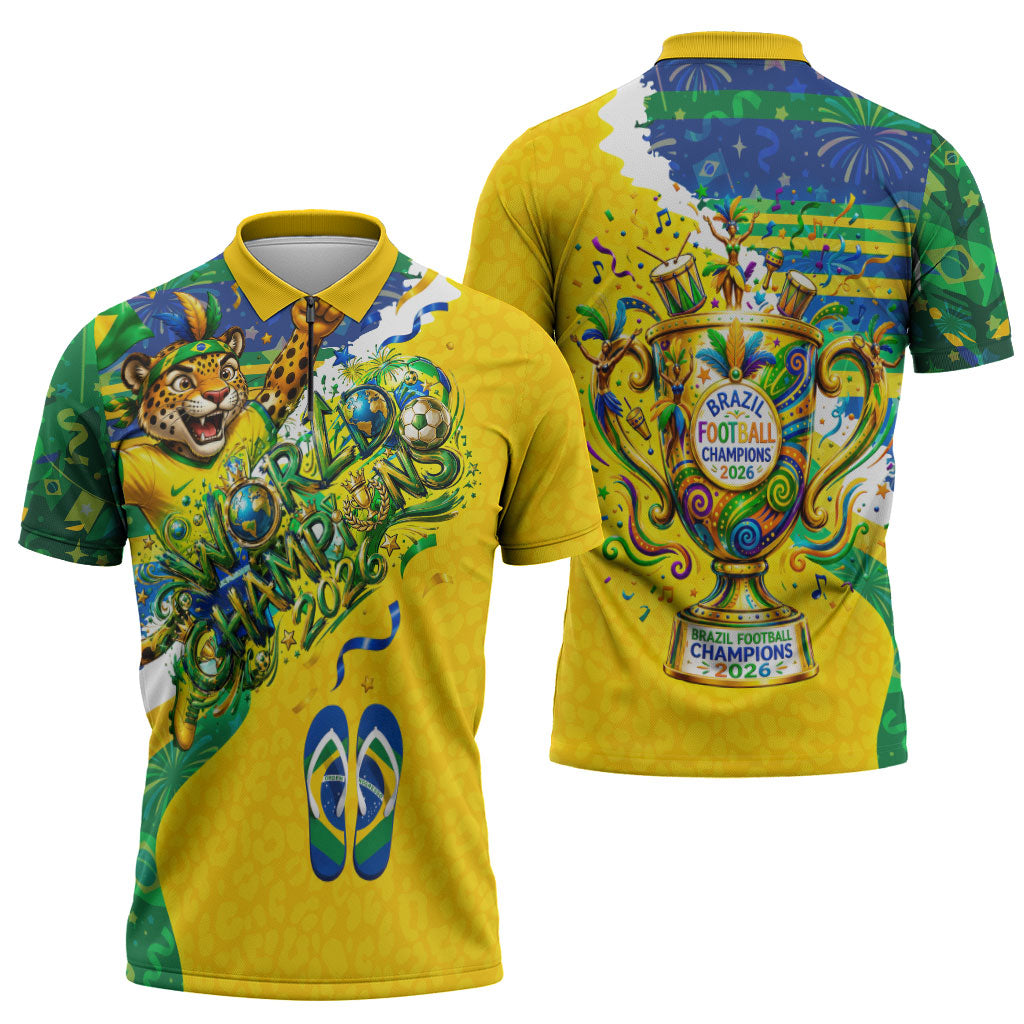 Brazil Football World Champions 2026 Zipper Polo Shirt Brasil Futebol - Jaguar Mascot - Vibrant Carnival Style