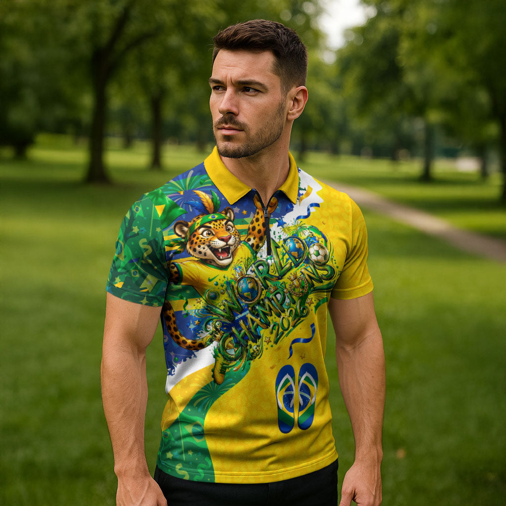 Brazil Football World Champions 2026 Zipper Polo Shirt Brasil Futebol - Jaguar Mascot - Vibrant Carnival Style