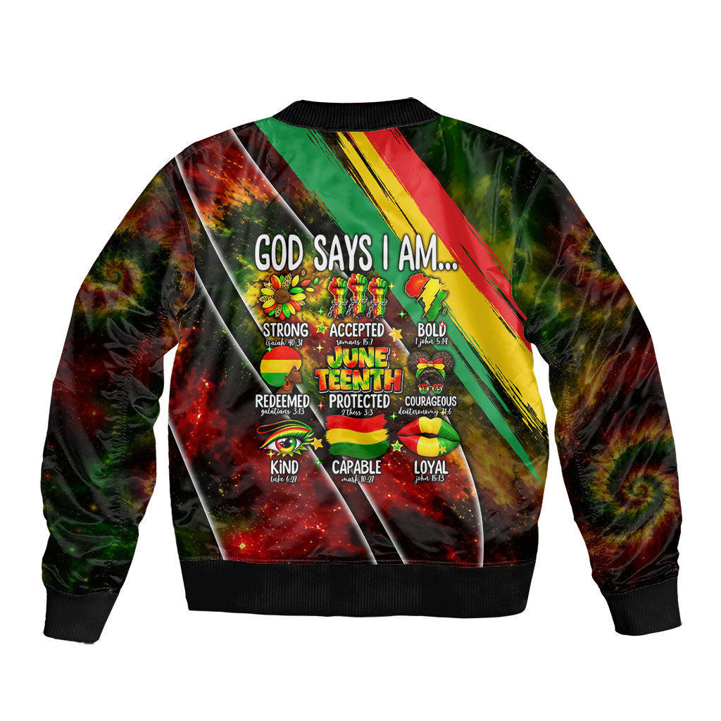 Juneteenth God Says I Am Christian Freedom Bomber Jacket Pan African Flag Colors Tie Dye Galaxy