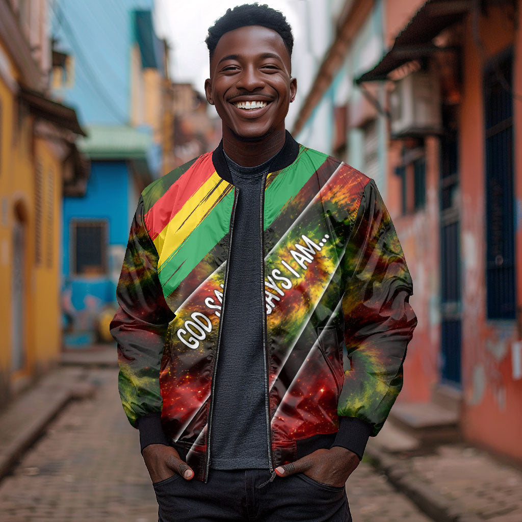 Juneteenth God Says I Am Christian Freedom Bomber Jacket Pan African Flag Colors Tie Dye Galaxy