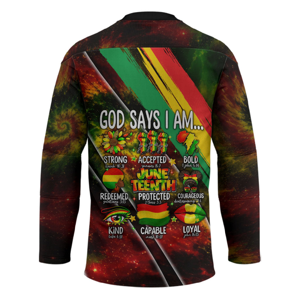 Juneteenth God Says I Am Christian Freedom Hockey Jersey Pan African Flag Colors Tie Dye Galaxy