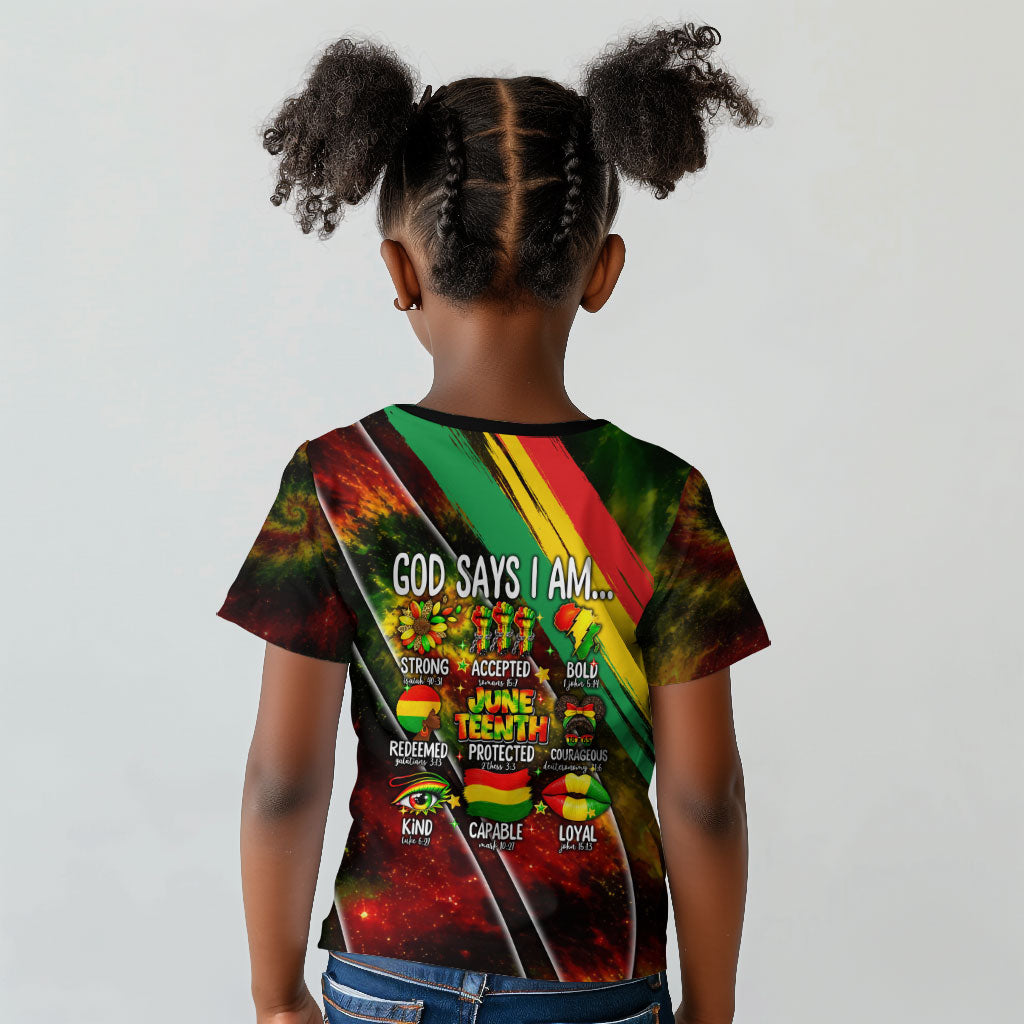 Juneteenth God Says I Am Christian Freedom Kid T shirt Pan African Flag Colors Tie Dye Galaxy