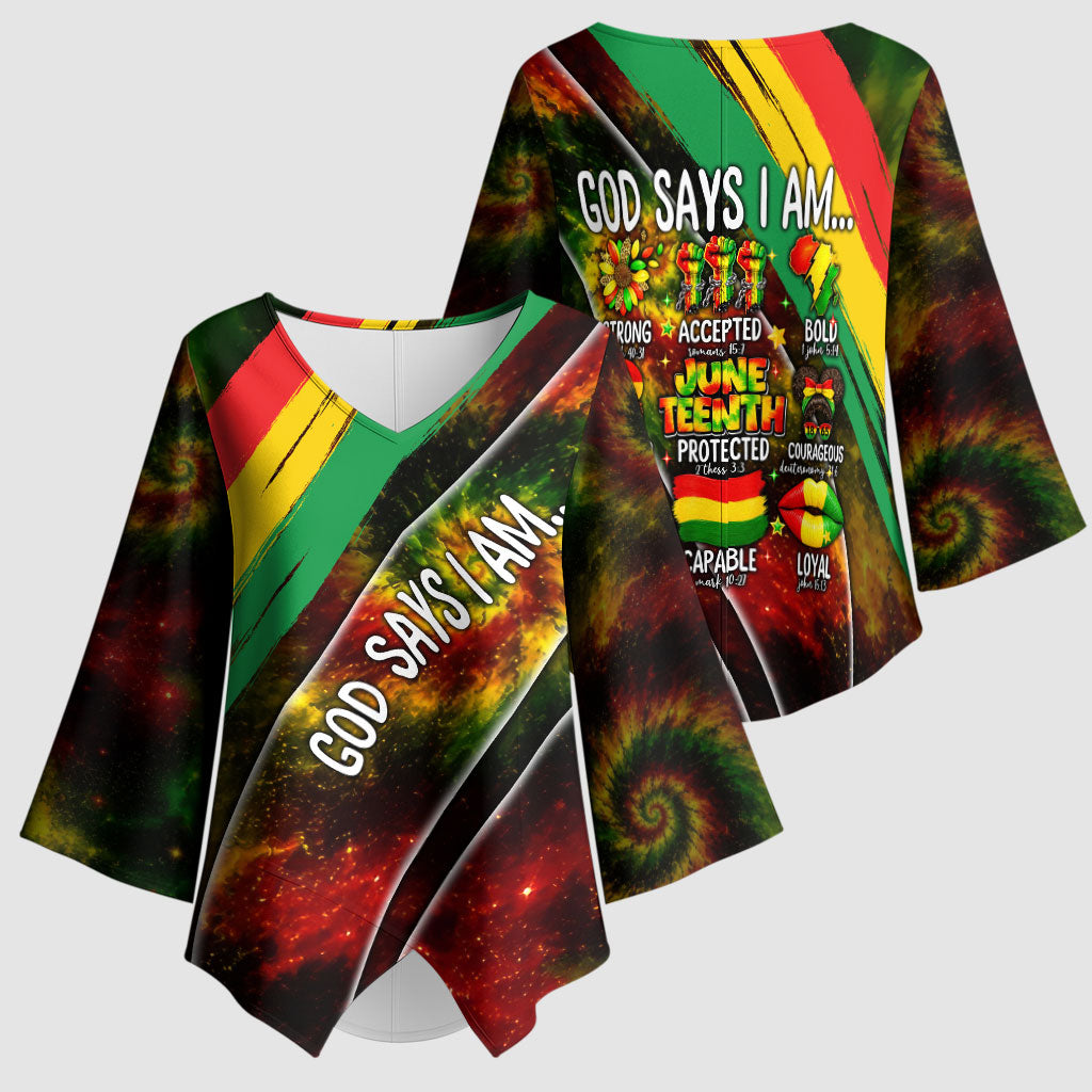Juneteenth God Says I Am Christian Freedom Kimono Sleeve Blouse Pan African Flag Colors Tie Dye Galaxy