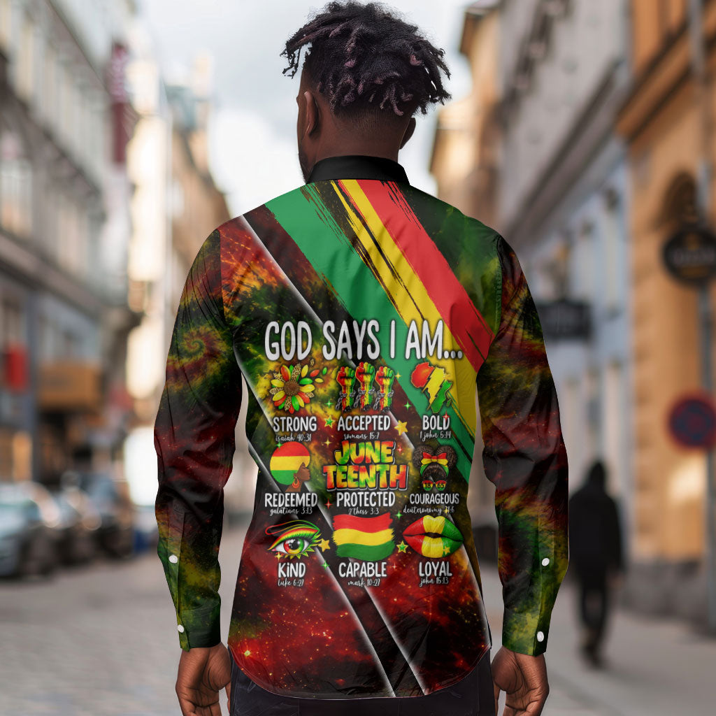 Juneteenth God Says I Am Christian Freedom Long Sleeve Button Shirt Pan African Flag Colors Tie Dye Galaxy