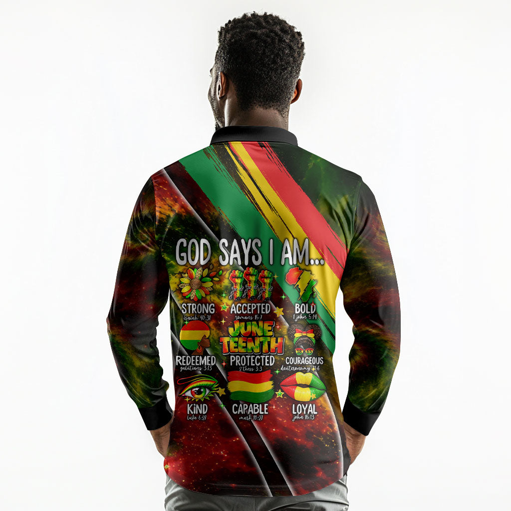 Juneteenth God Says I Am Christian Freedom Long Sleeve Polo Shirt Pan African Flag Colors Tie Dye Galaxy