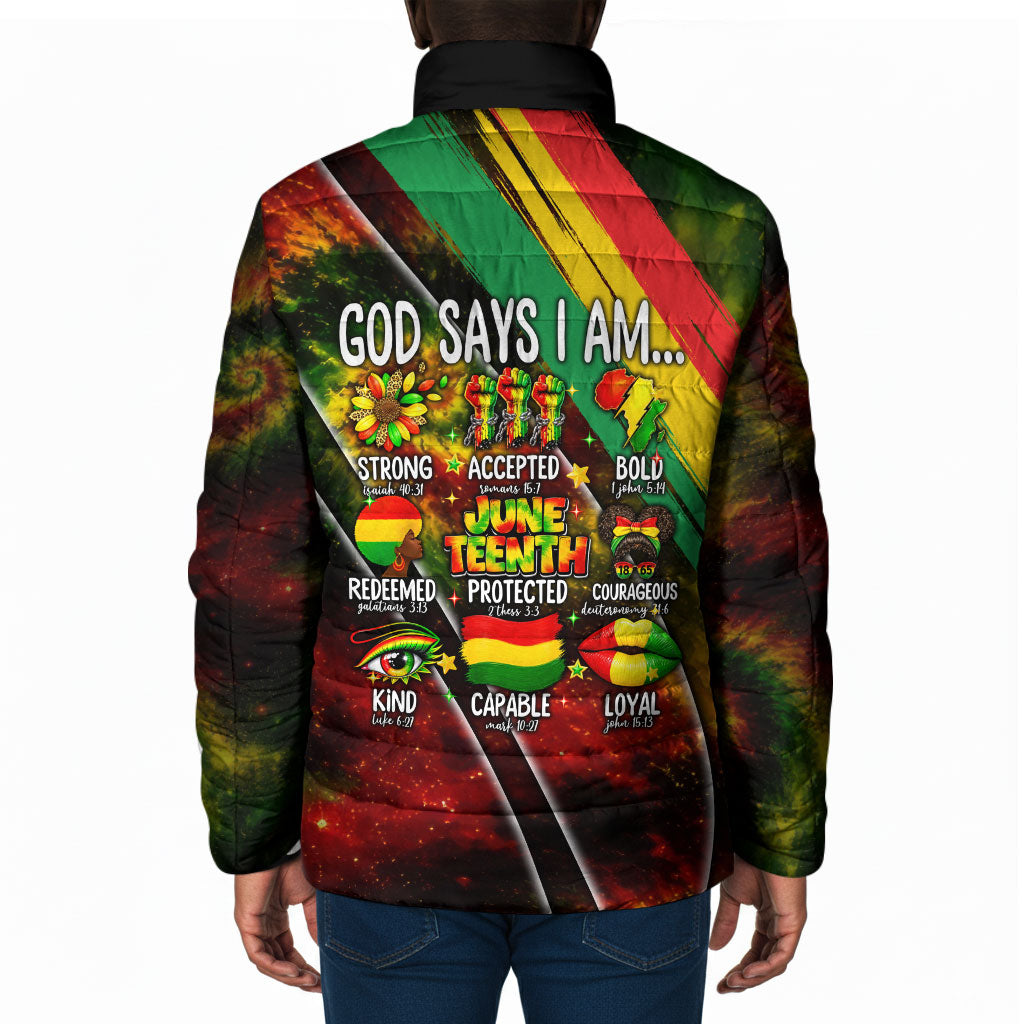 Juneteenth God Says I Am Christian Freedom Padded Jacket Pan African Flag Colors Tie Dye Galaxy