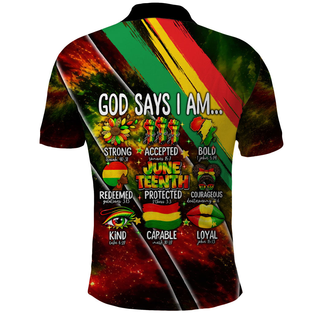 Juneteenth God Says I Am Christian Freedom Polo Shirt Pan African Flag Colors Tie Dye Galaxy