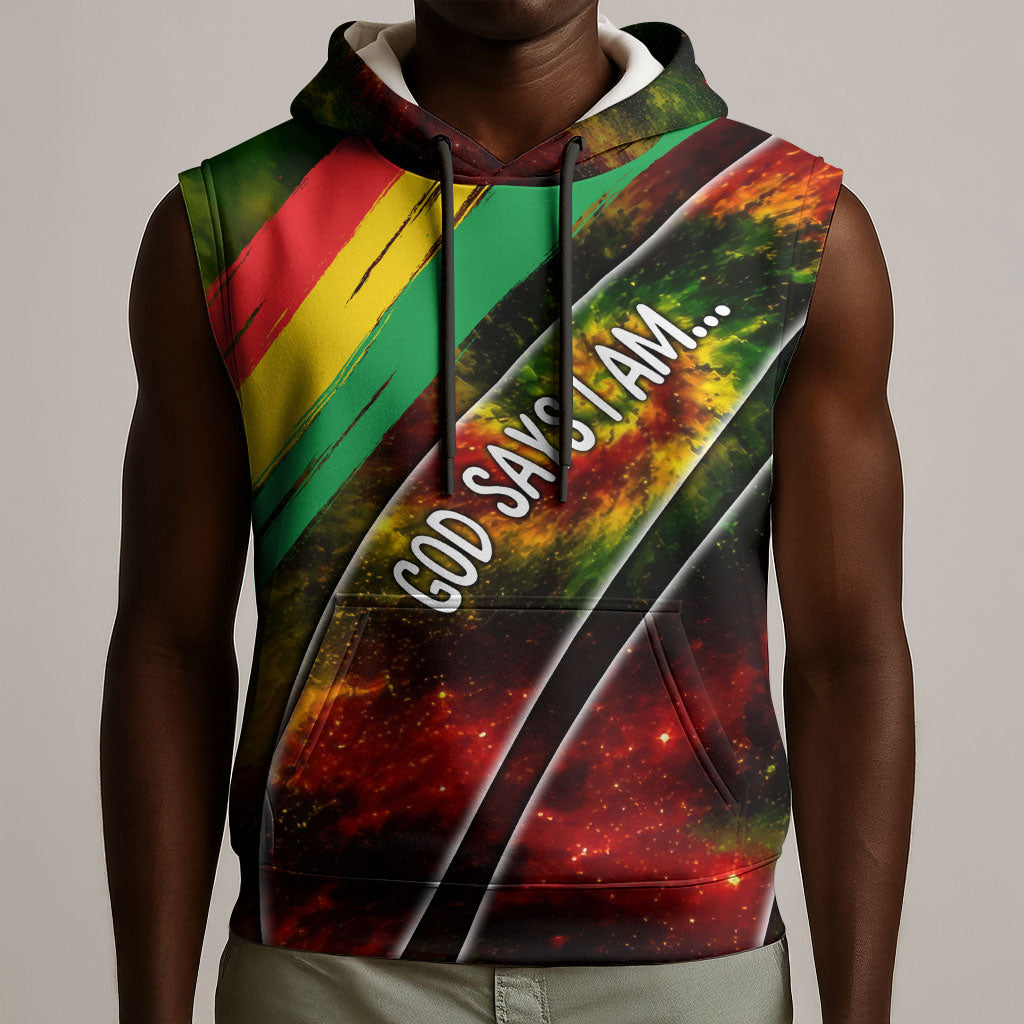 Juneteenth God Says I Am Christian Freedom Sleeveless Hoodie Pan African Flag Colors Tie Dye Galaxy