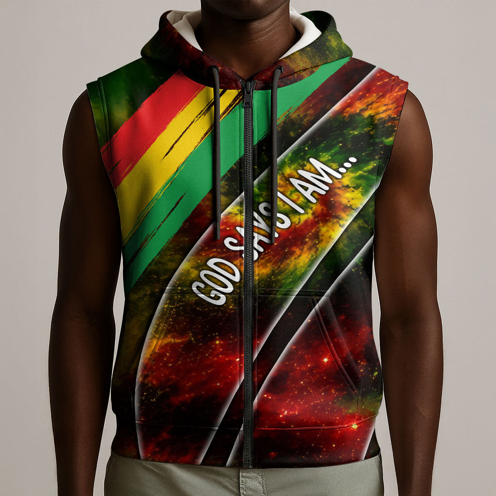 Juneteenth God Says I Am Christian Freedom Sleeveless Zip Hoodie Pan African Flag Colors Tie Dye Galaxy