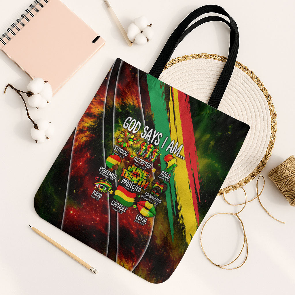 Juneteenth God Says I Am Christian Freedom Tote Bag Pan African Flag Colors Tie Dye Galaxy