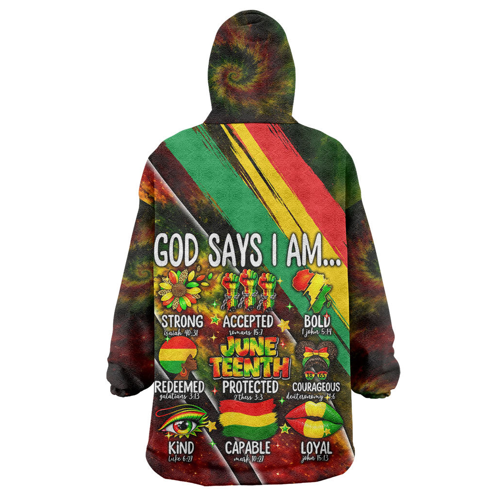 Juneteenth God Says I Am Christian Freedom Wearable Blanket Hoodie Pan African Flag Colors Tie Dye Galaxy