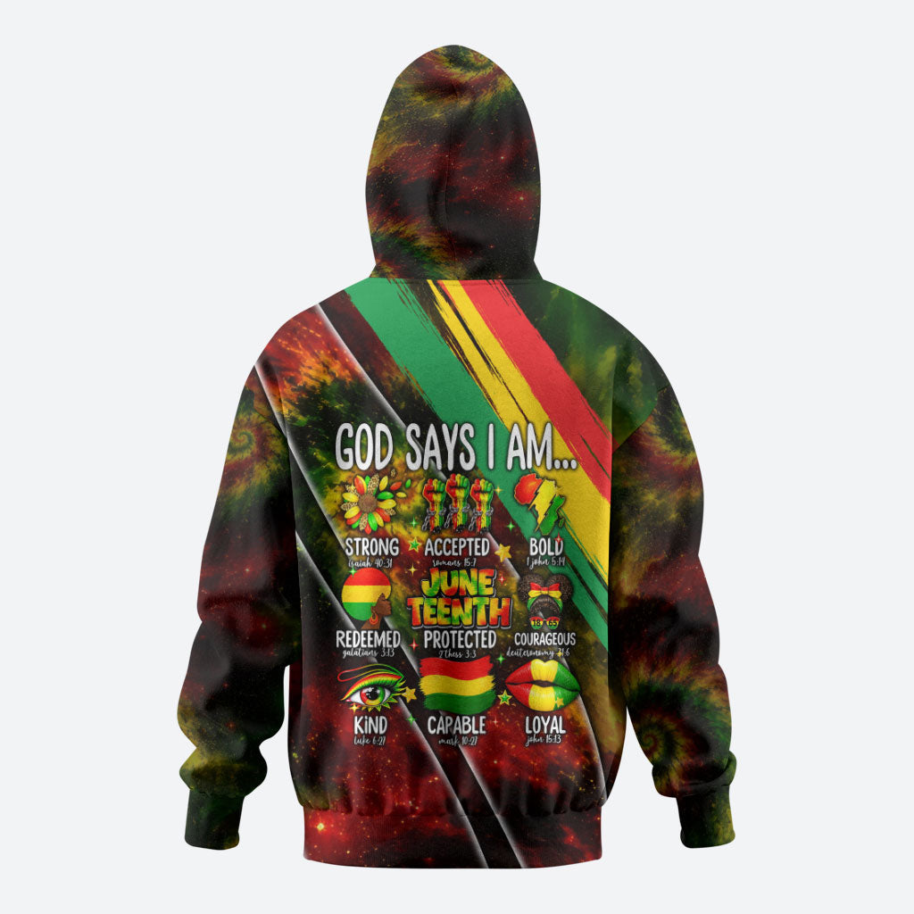Juneteenth God Says I Am Christian Freedom Zip Hoodie Pan African Flag Colors Tie Dye Galaxy