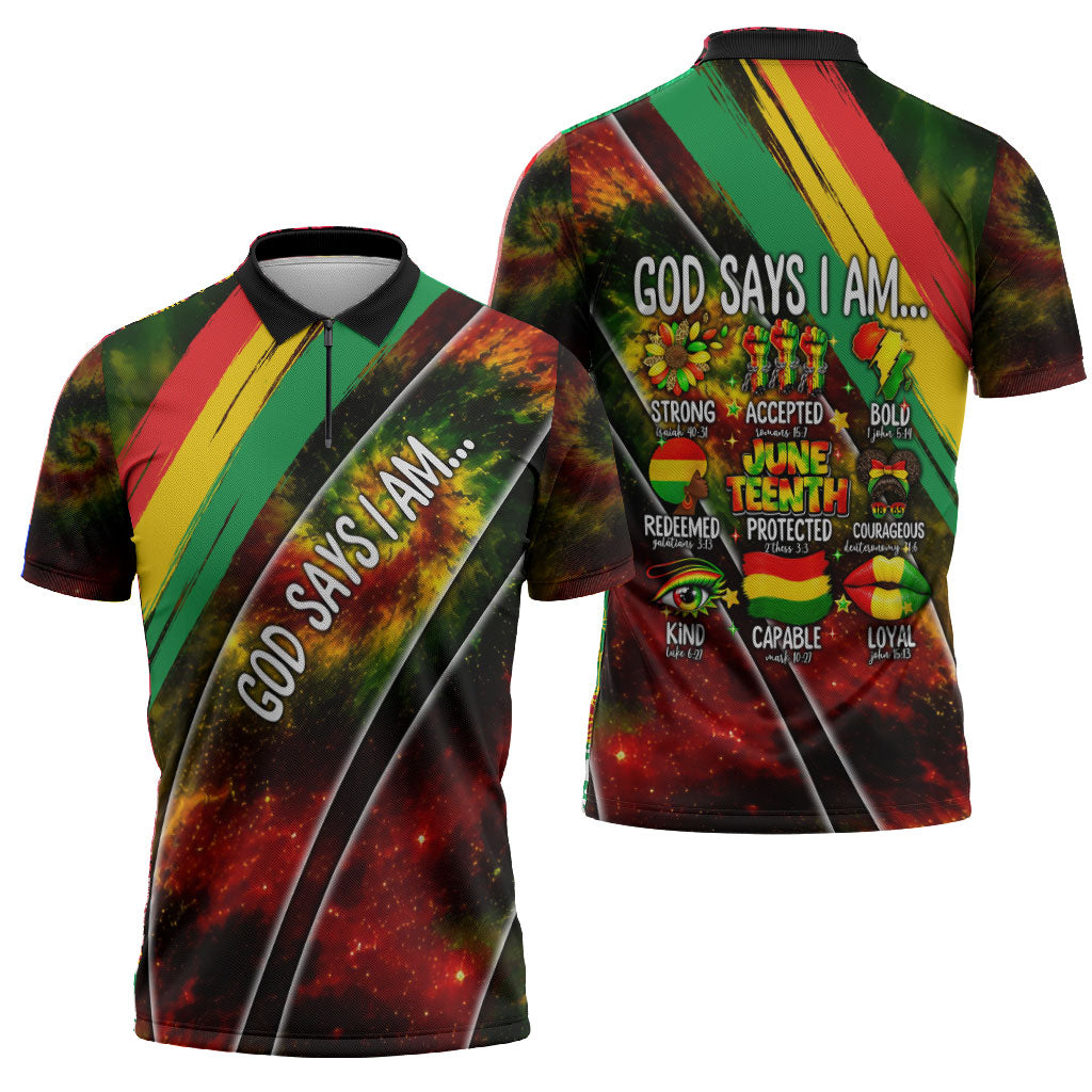 Juneteenth God Says I Am Christian Freedom Zipper Polo Shirt Pan African Flag Colors Tie Dye Galaxy