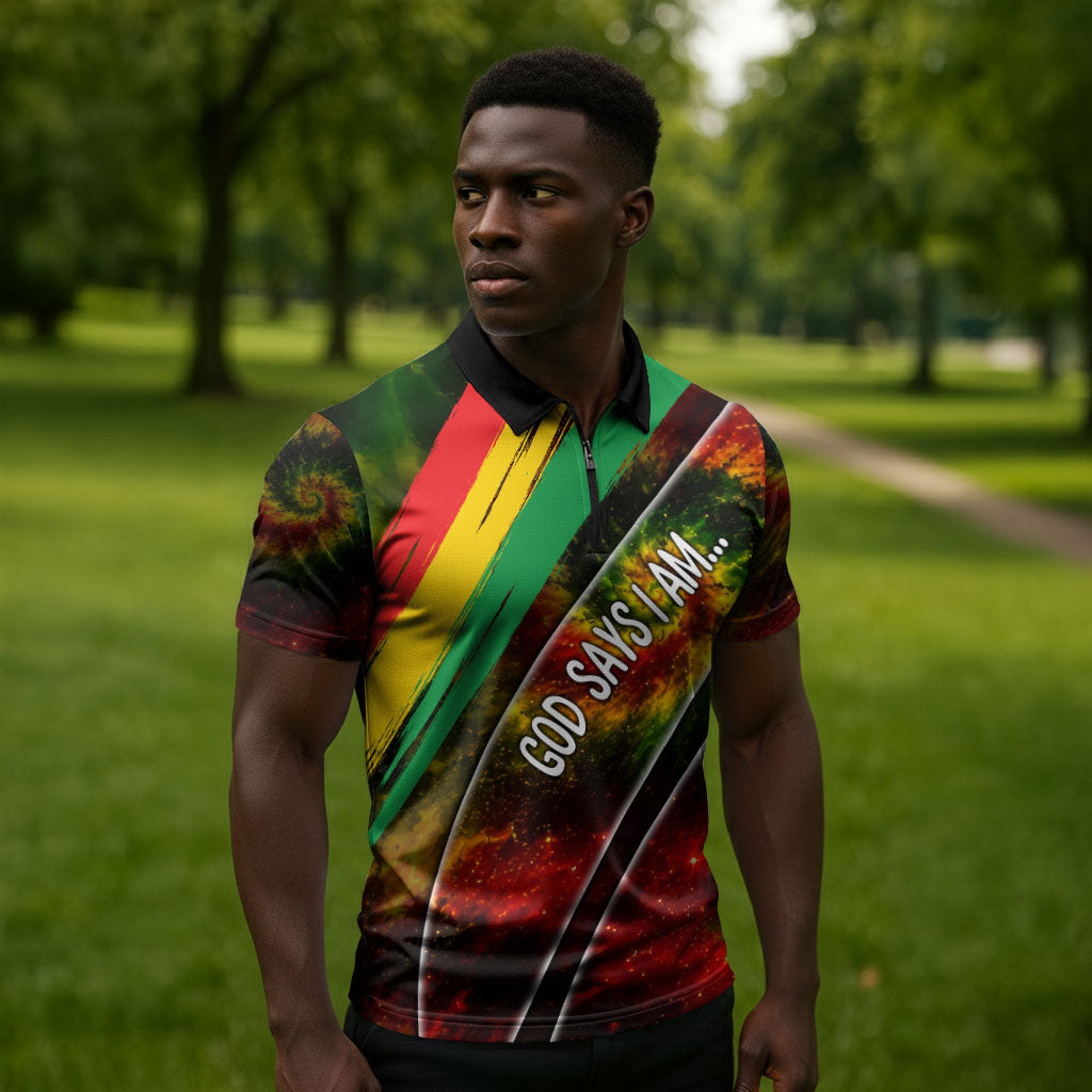 Juneteenth God Says I Am Christian Freedom Zipper Polo Shirt Pan African Flag Colors Tie Dye Galaxy