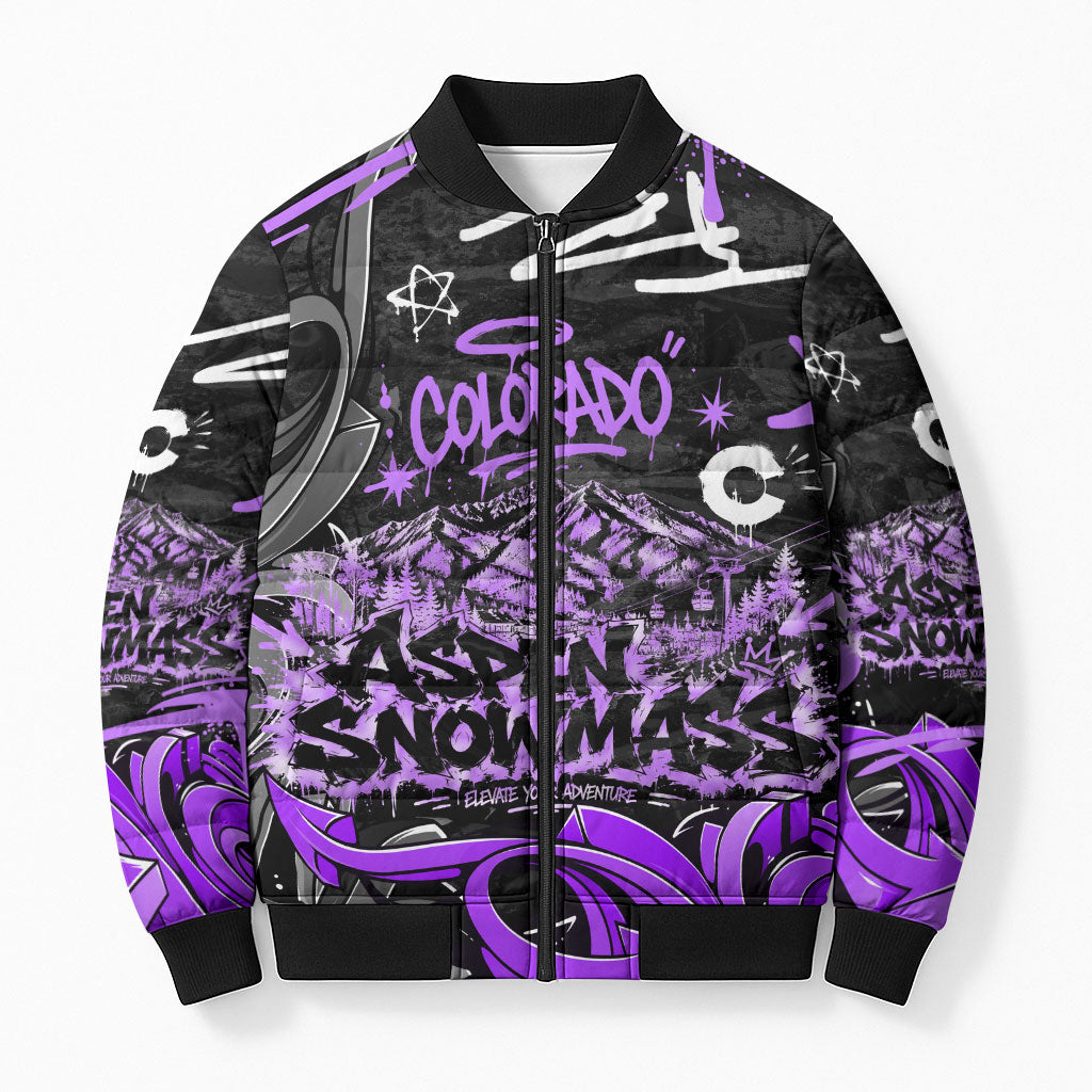 Personalized Colorado Aspen Snowmass Red Rocks Bomber Puffer Jacket Urban Graffiti Paint Splatter Street Art