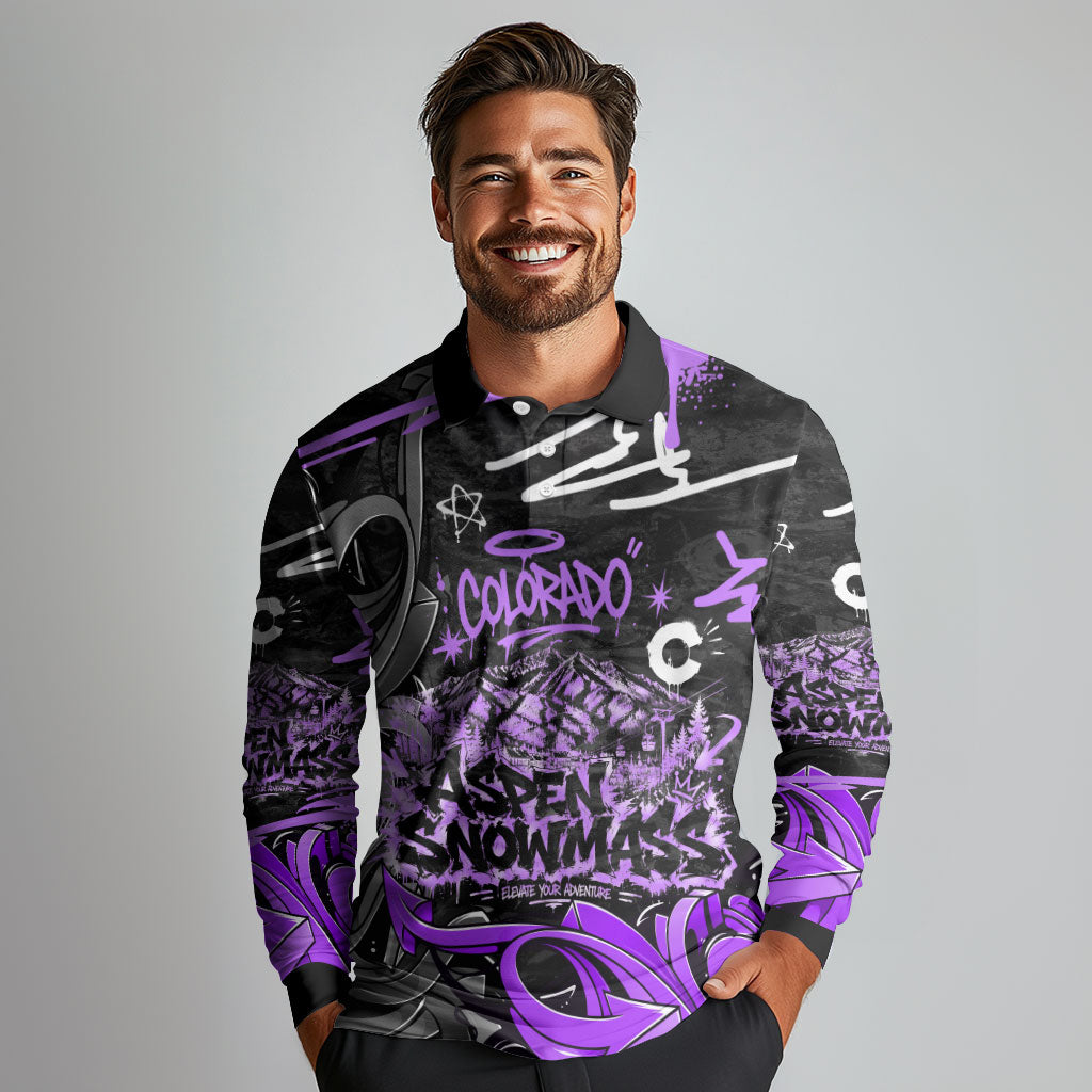 Personalized Colorado Aspen Snowmass Red Rocks Long Sleeve Polo Shirt Urban Graffiti Paint Splatter Street Art