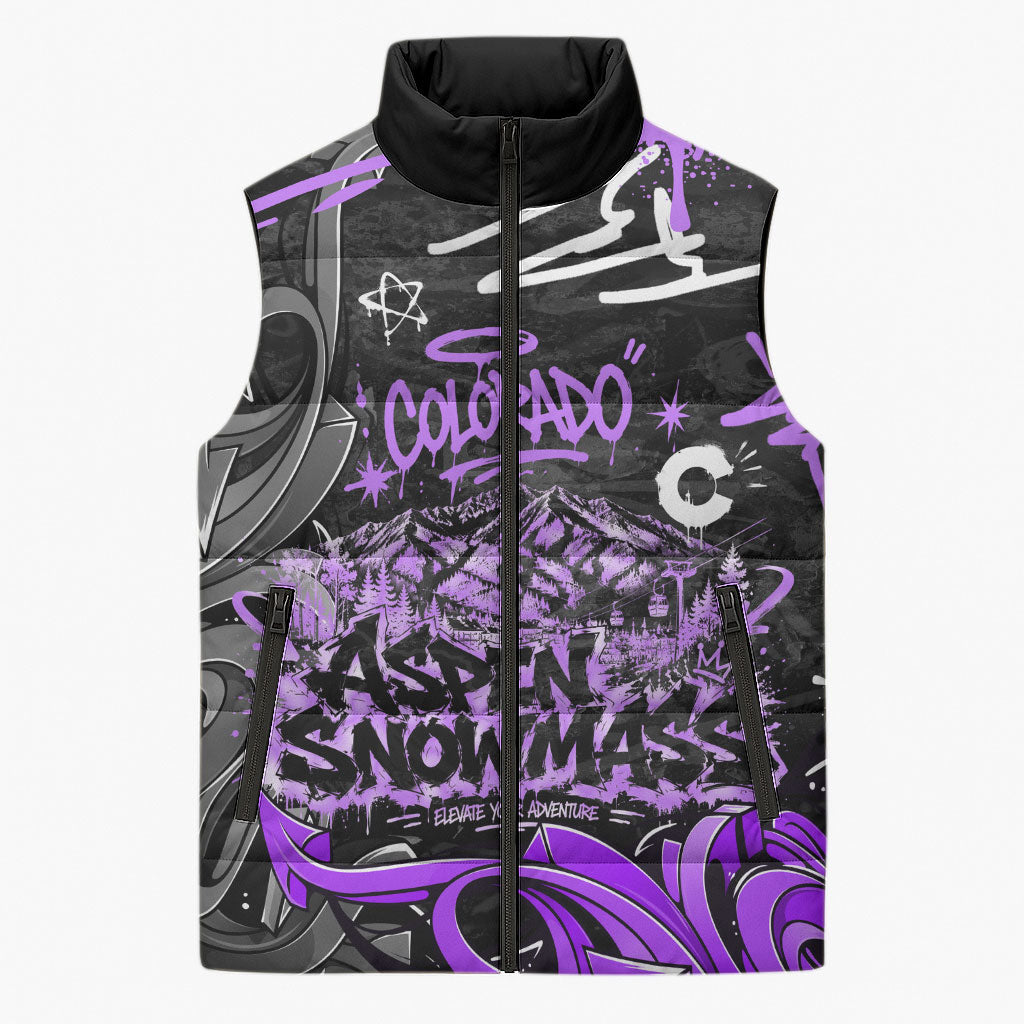 Personalized Colorado Aspen Snowmass Red Rocks Sleeveless Puffer Jacket Urban Graffiti Paint Splatter Street Art
