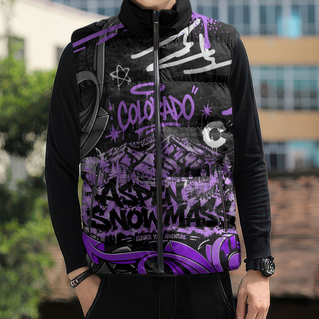 Personalized Colorado Aspen Snowmass Red Rocks Sleeveless Puffer Jacket Urban Graffiti Paint Splatter Street Art