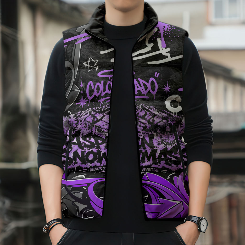 Personalized Colorado Aspen Snowmass Red Rocks Sleeveless Puffer Jacket Urban Graffiti Paint Splatter Street Art