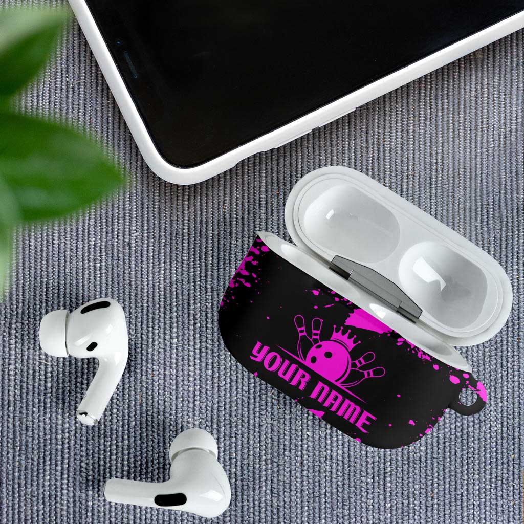 Pink Paint Splatter Design AirPods Case with Bowling Graphic and Custom Team Name Text - Wonder Print Shop