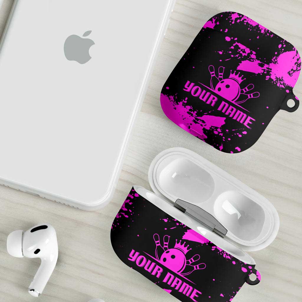 Pink Paint Splatter Design AirPods Case with Bowling Graphic and Custom Team Name Text - Wonder Print Shop