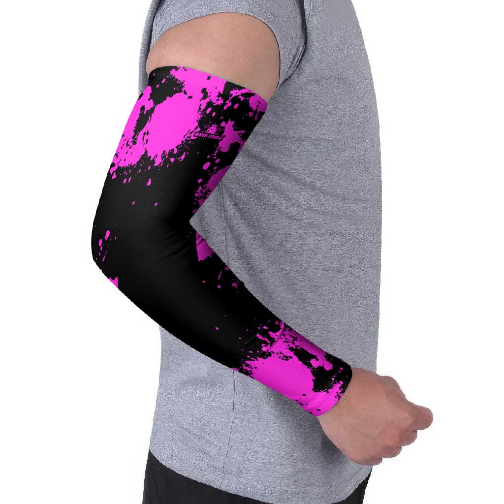 Pink Paint Splatter Design Arm Sleeves with Bowling Graphic and Custom Team Name Text - Wonder Print Shop