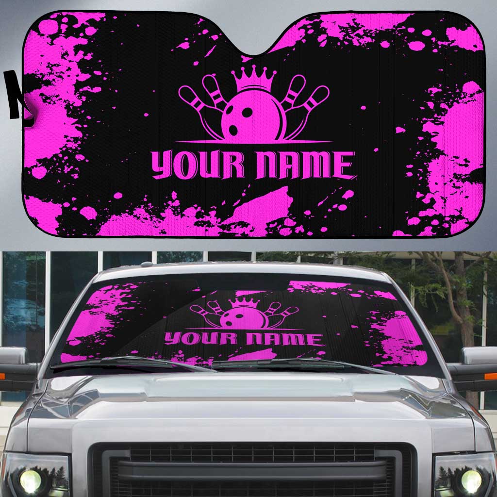 Pink Paint Splatter Design Auto Sun Shade with Bowling Graphic and Custom Team Name Text - Wonder Print Shop